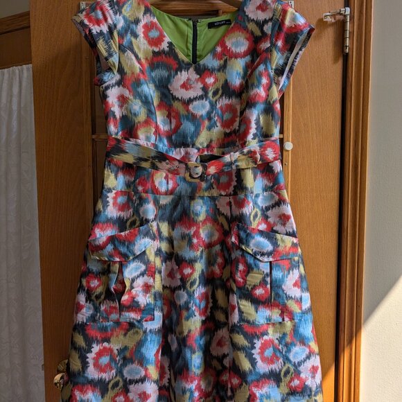 eShakti Multicolor Ikat Print Belted Fit & Flare Dress - Medium - Picture 3 of 7